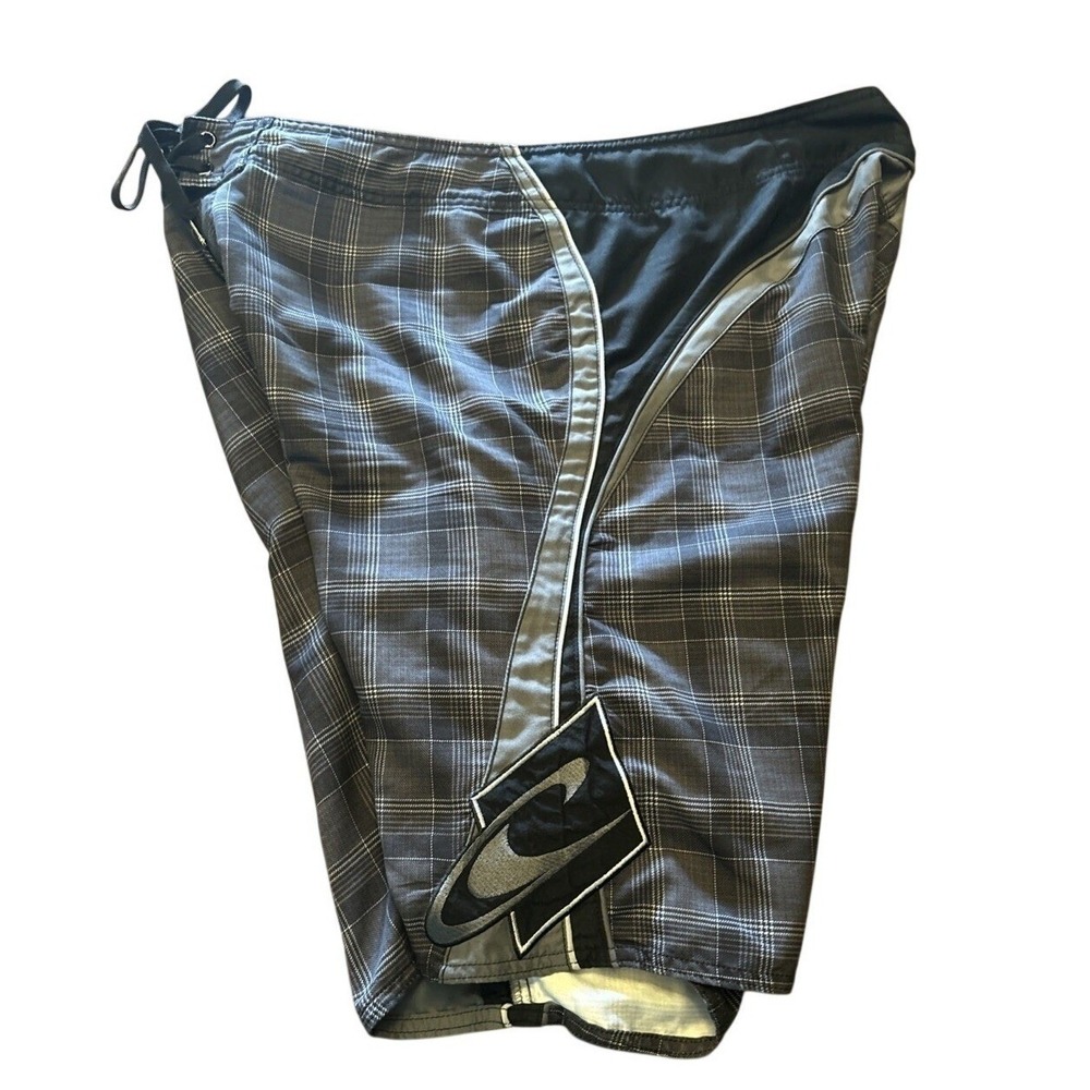 VTG O'Neill Board Shorts Men's Black Plaid Embroidered Spell Out 90s Y2K Surf